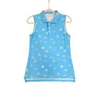 Smith & Quinn Womens Sleeveless Polo Top Size Small Dog "Fetch" Print Blue White